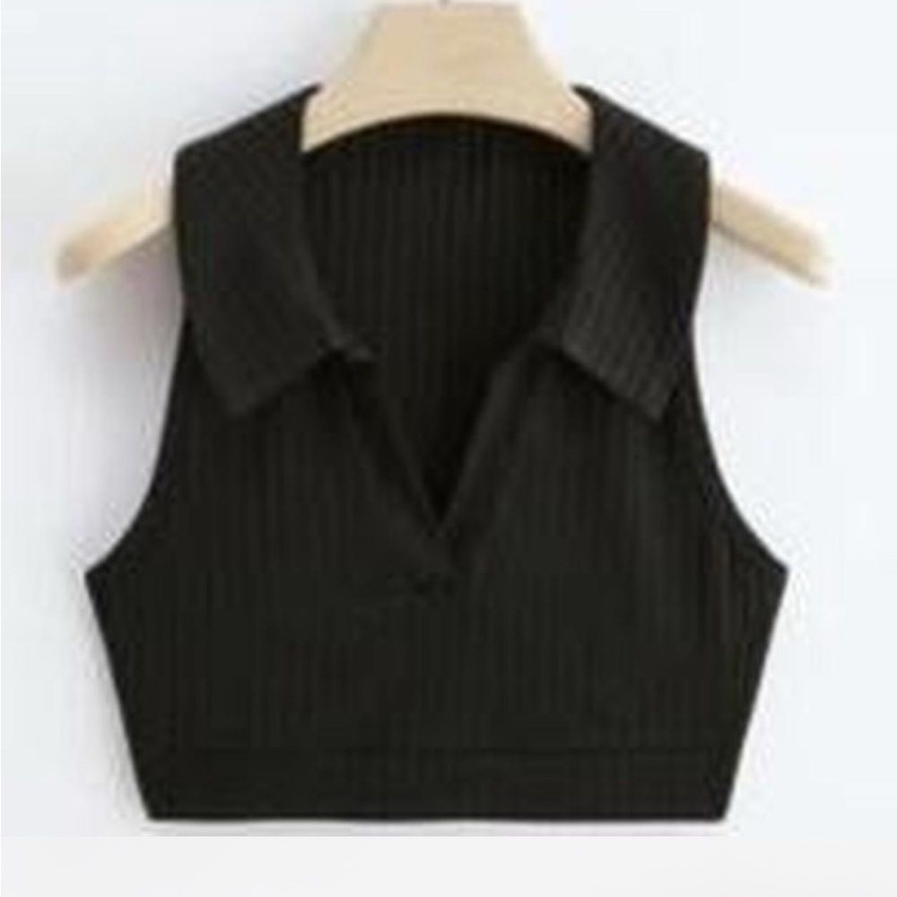 Black Sleeveless Collared Crop Top